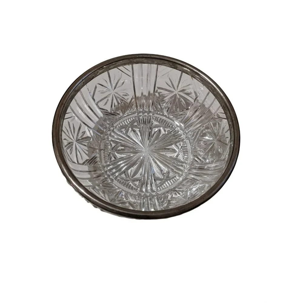 Pressed Glass Bowl With Silver-Plated Rim Starburst Pattern Vintage Elegant Deco